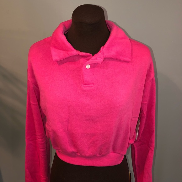 Pink Cropped Polo Style Sweatshirt - Picture 2 of 5